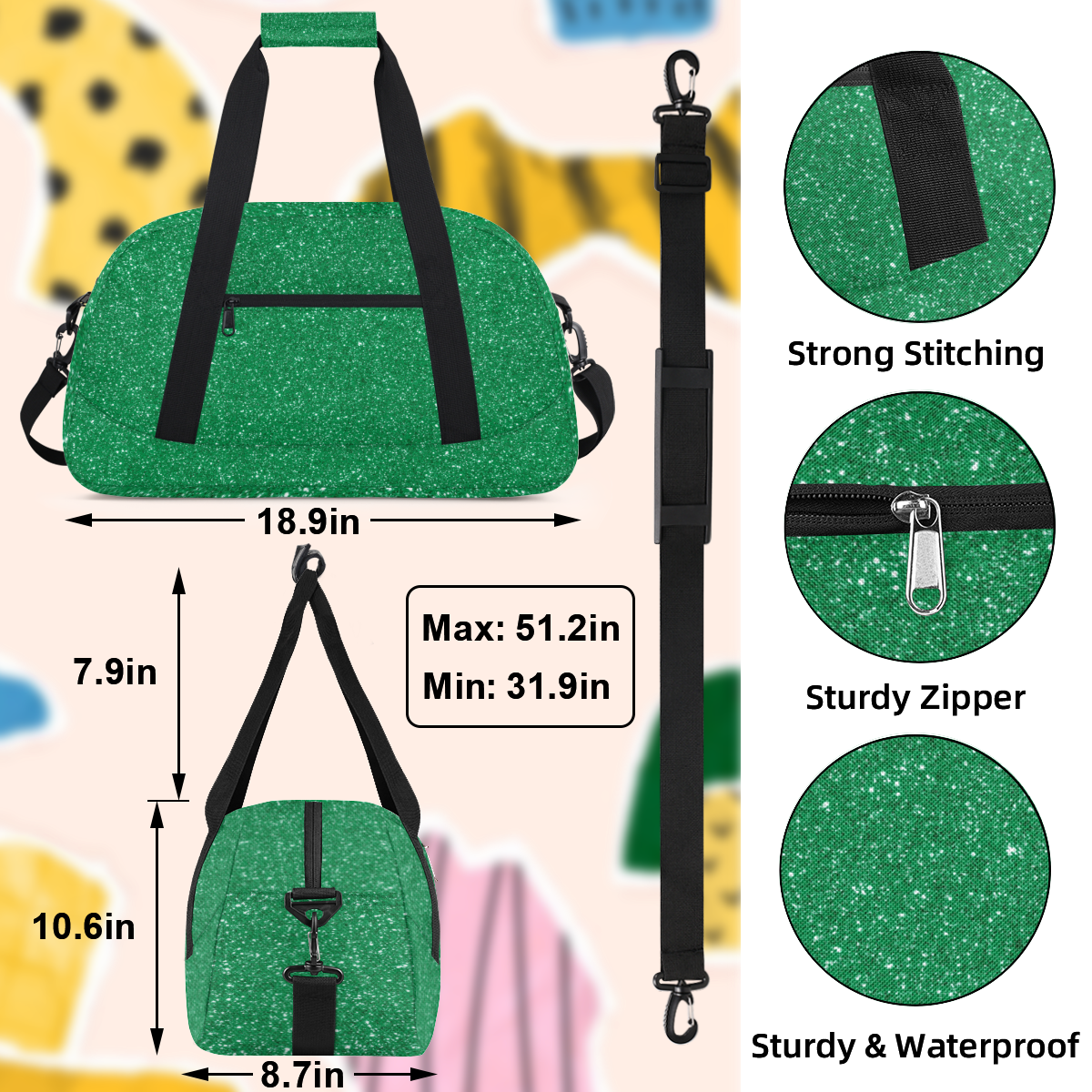 Herdesigns Sports Duffle Bags Travel Duffle Bag Gym Bag Green Glitter Star Weekender Travel Bag Waterproof Overnight Bag Carry On Travel Tote Bag Dance Bags