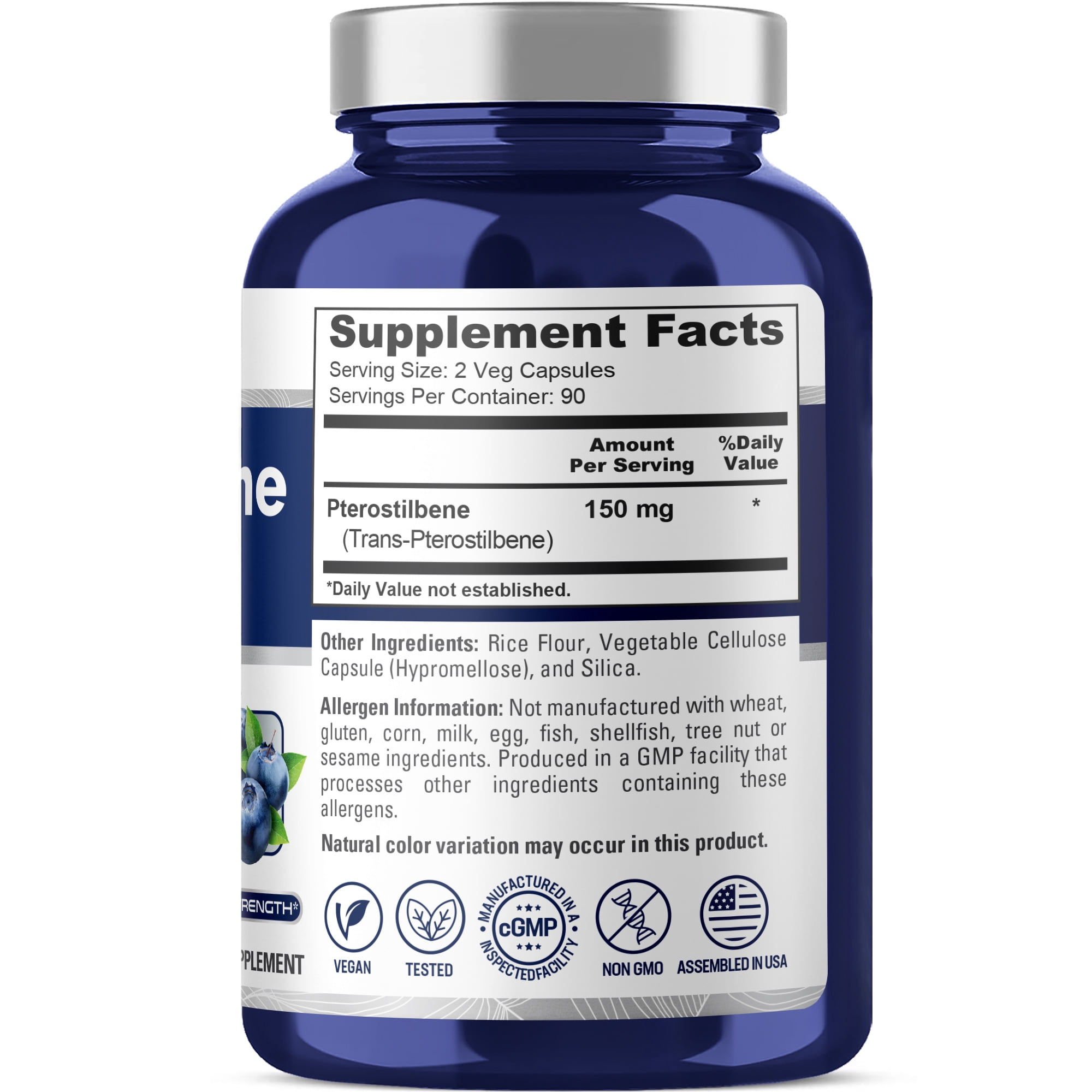 NusaPure 180 Veggie Caps of Pterostilbene 150mg: Non-GMO, Gluten-Free Dietary Supplement for Unisex Adult Health & Wellness