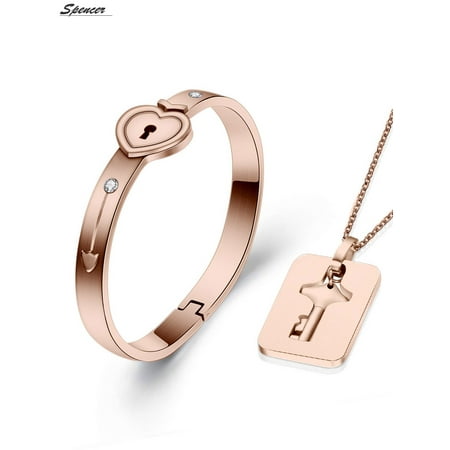 Spencer Titanium Steel Couple Love Heart Lock Bangle Bracelet & Key Pendant Necklace Set for Women Men Valentine's Day Anniversary Gifts