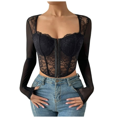LARUYEKO Women s Long Sleeve Lace Mesh Crop Top Sexy Corset Slim Fit Square Neck Solid Color Top Sheer Blouse Glasses Bag Pouch Bandeau Bra Shirt Mesh Pouch Bulk Tube Tube Top Maternity Women s Tube