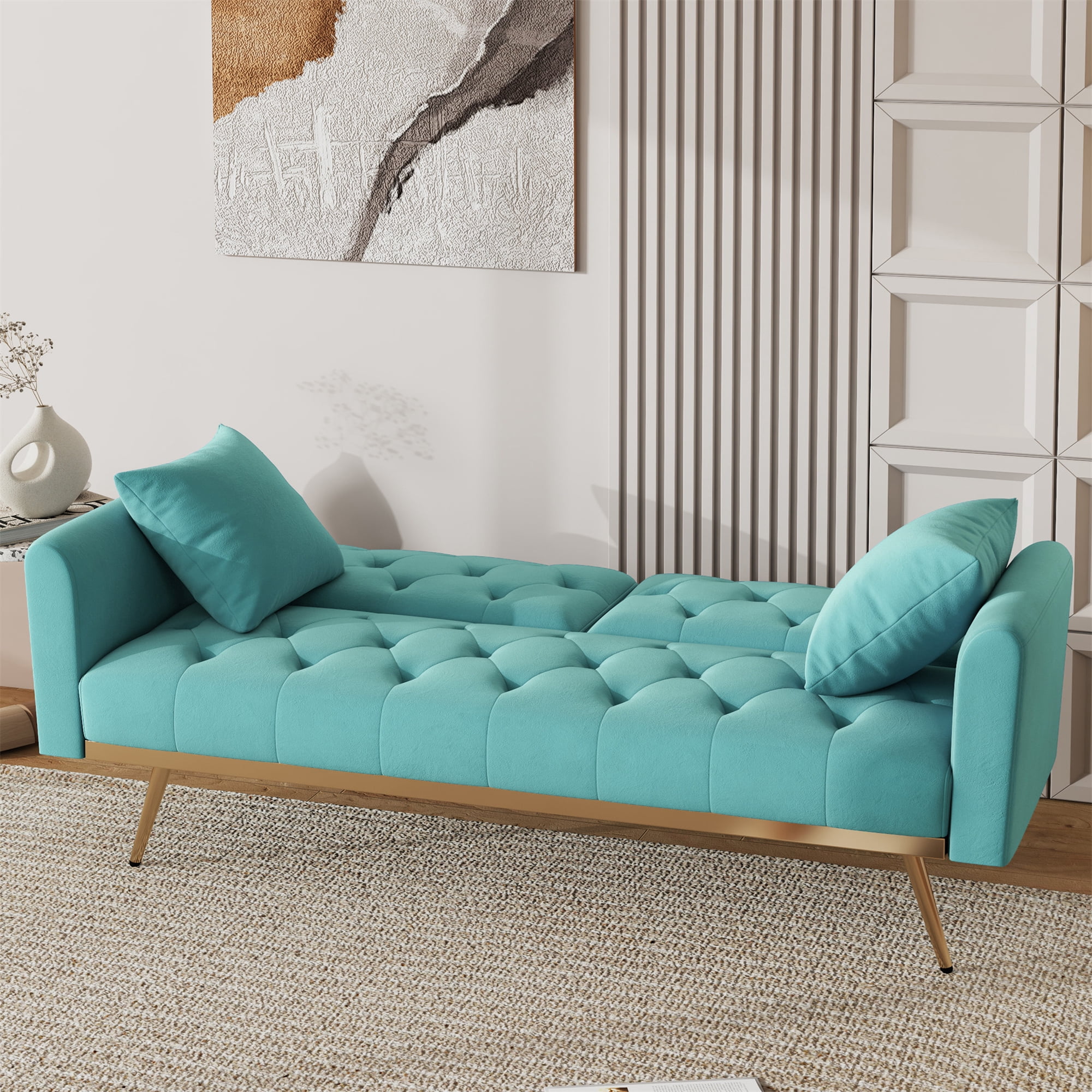 Aukfa Velvet Futon Convertible Sofa Bed for Home Office, 2 Pillows, Upgraded Metal Base, Teal