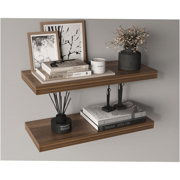 JERFIT 2-Pack Walnut Floating Shelves 32 inch, Modern Wall Mounted Storage & Display Shelves for Living Room, Bedroom, Bathroom