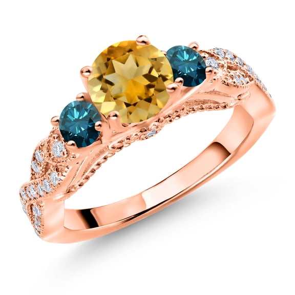 Gem Stone King 18K Rose Gold Plated Silver Yellow Citrine Blue Diamond and White Moissanite Engagement Ring for Women (1.27 Cttw, Gemstone November Birthstone, Round 6MM and 3MM, Size 8)