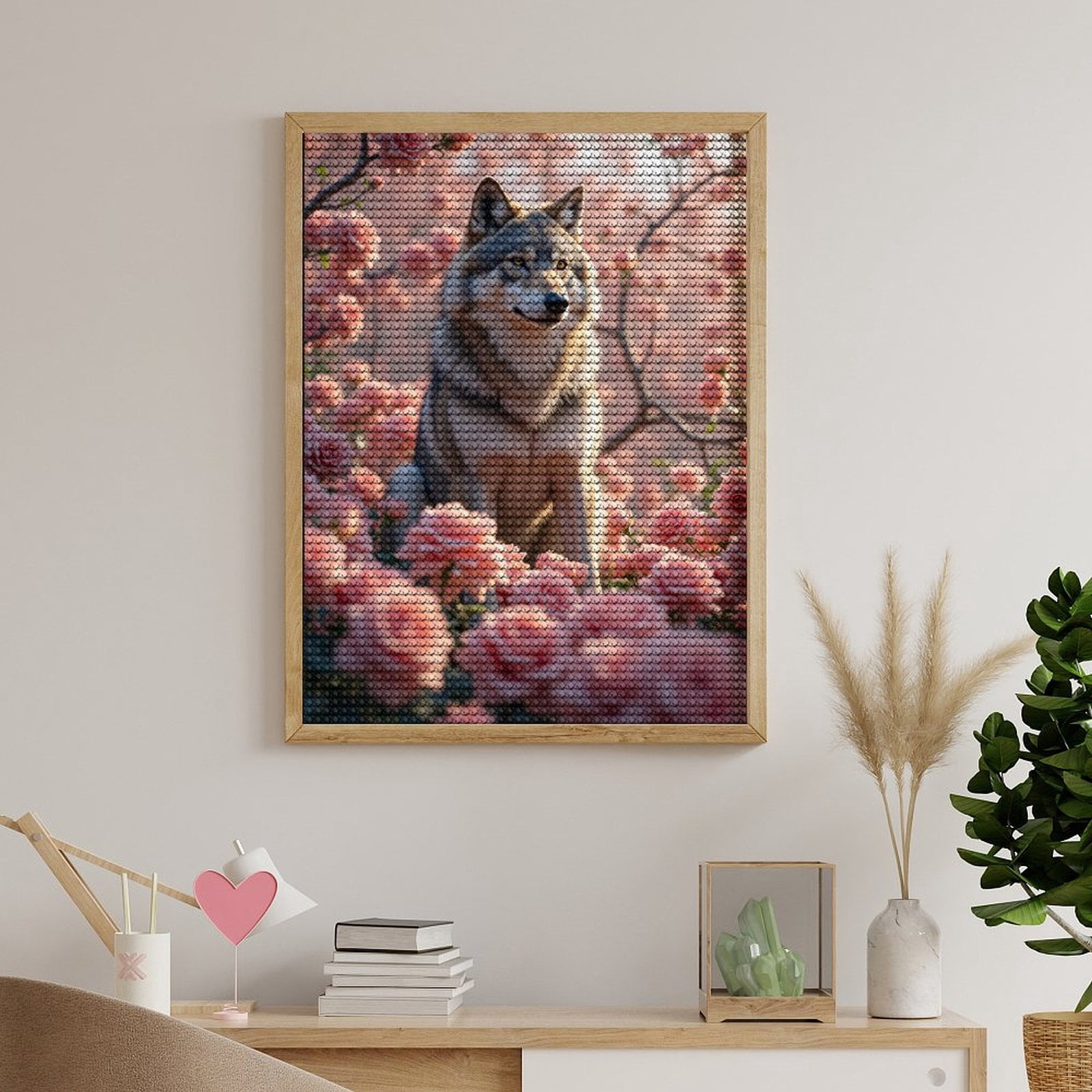 Diamond Art Kits for Adults, Wolf Among Blooming Pink Roses 5D Diamond Painting Kits for Adults Beginners, DIY Full Drill Diamond Painting, Gem Art and Crafts 12x16