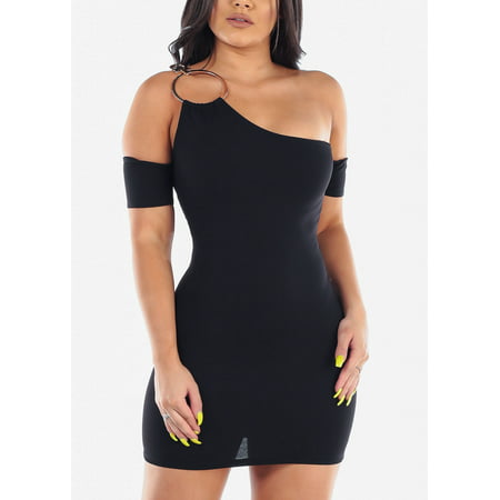 Womens Juniors Sexy Night Out Clubwear For Party 2019 Hot New Mini Bodycon Super Stretchy One Cold Shoulder Sleeve Bodycon Little Black Mini Dress