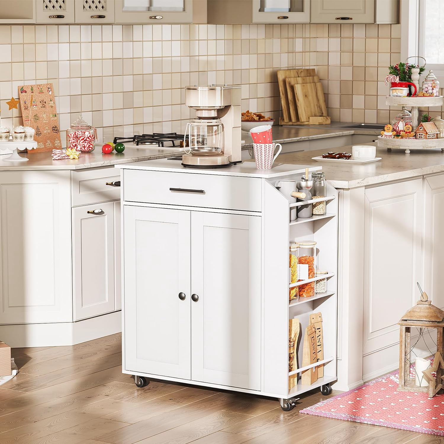 HOOBRO Rolling Kitchen Island with Power Outlet, Spice Rack & Drawer, White
