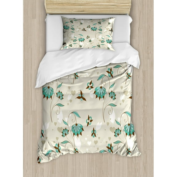 Ambesonne Floral Duvet Cover Set, Romantic Little Hearts, Twin, Turquoise Brown Beige