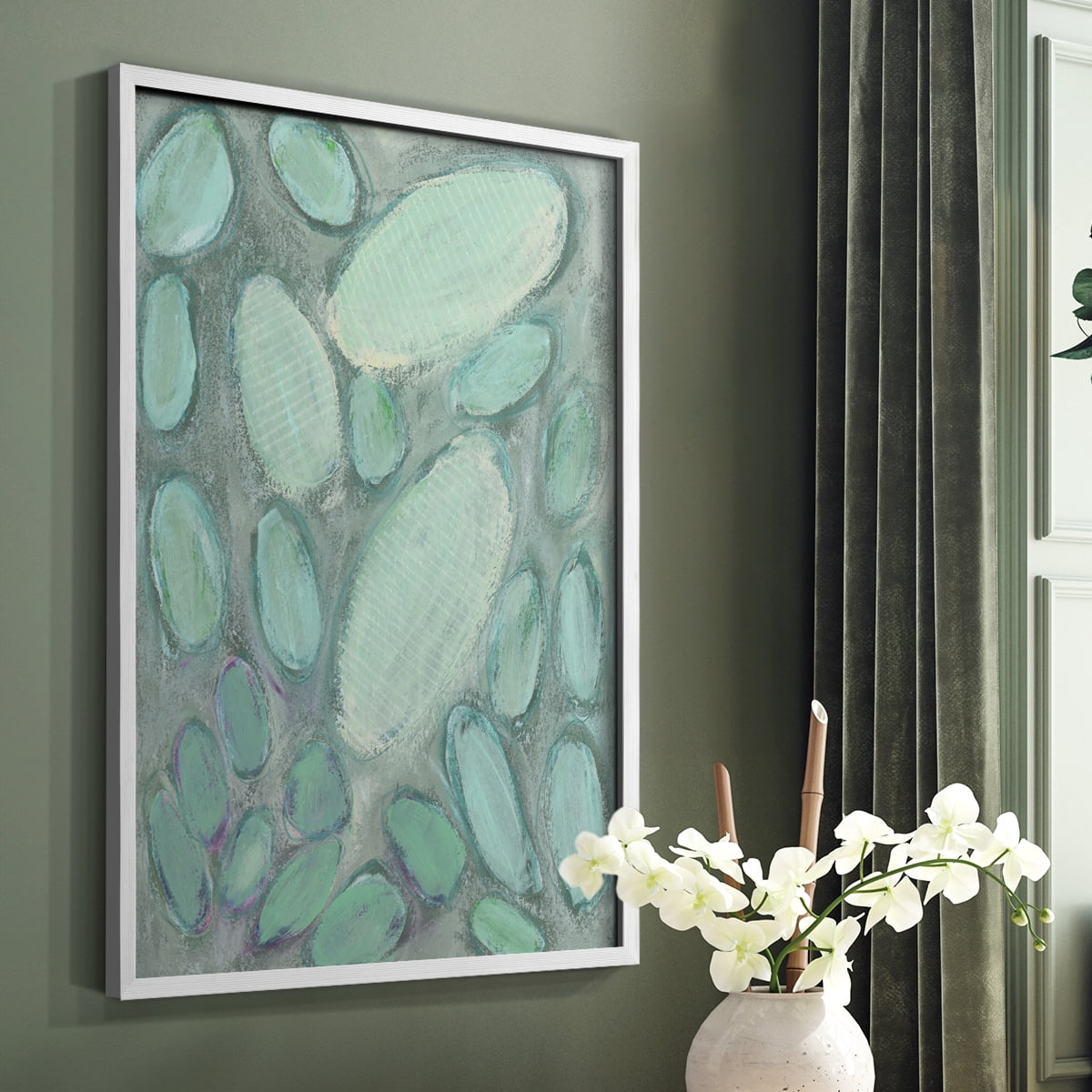 Blue Orbs II Framed Print in White Solid Wood Framed Print No Nail Hanging