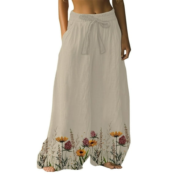 YUANGUANST Womens Dress Pants Holiday Style Retro Linen Floral Ethnic Print Casual Pants For Women – Comfortable Relaxed Fit Perfect For Summer Beach And Vacation Wear Office Slacks