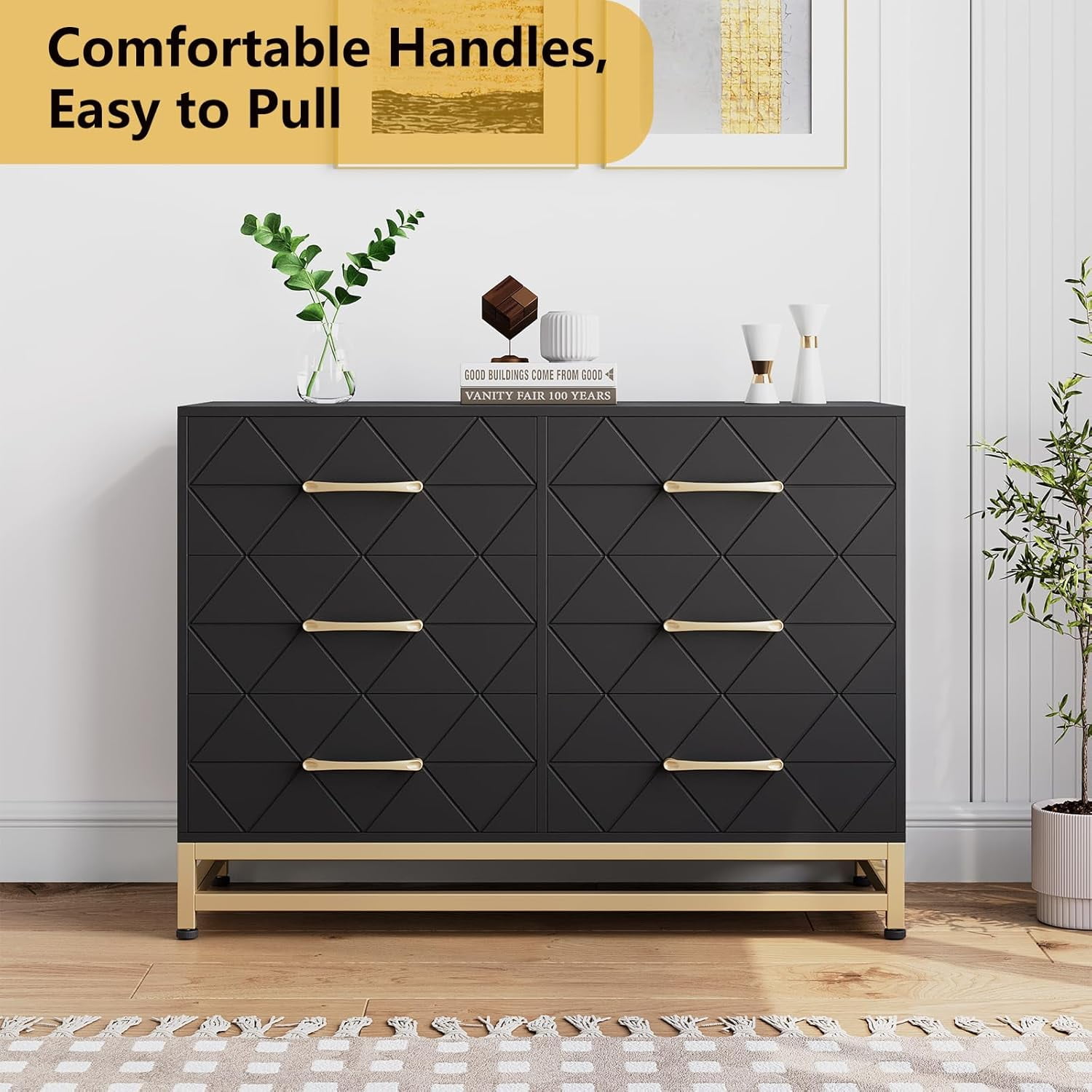 Twister.CK 6 Drawers Double Dresser for Bedroom, Chest of Drawers for Living Room Hallway Entryway, Black