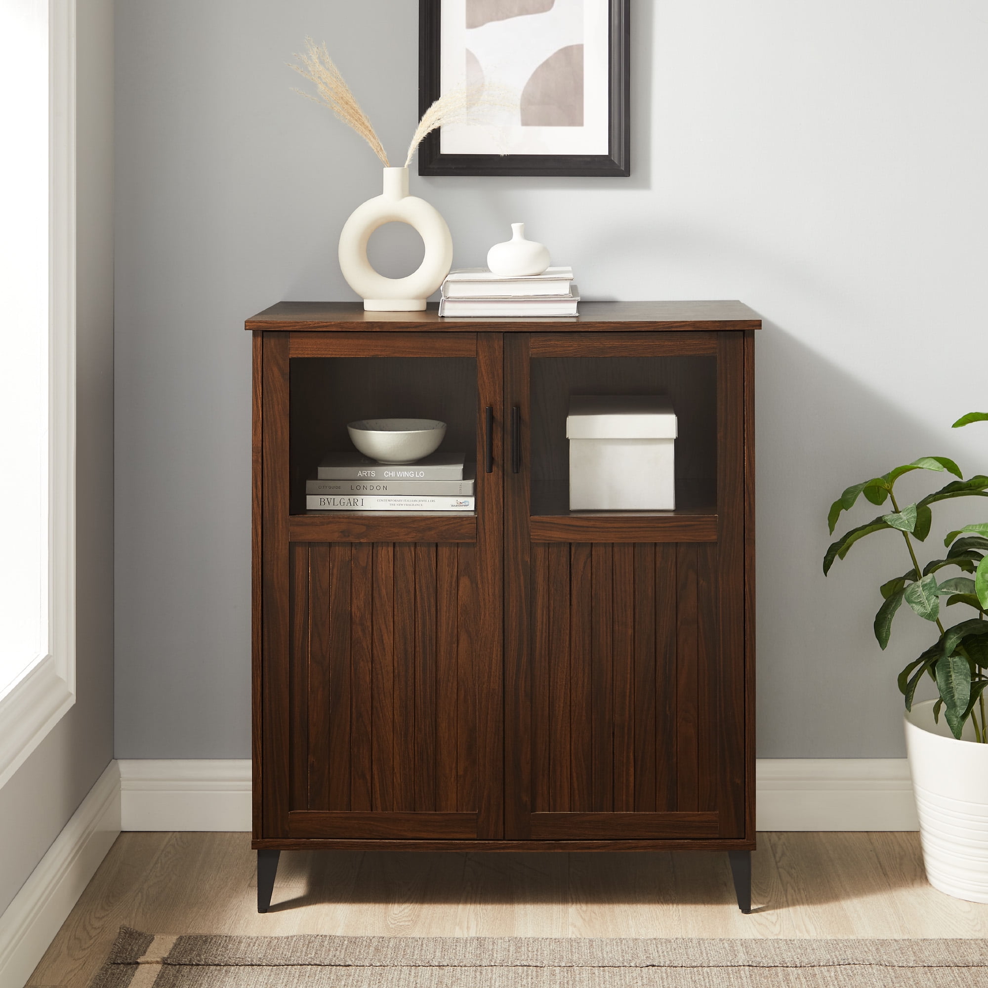 Walker Edison Transitional Grooved Door Accent Cabinet, Dark Walnut
