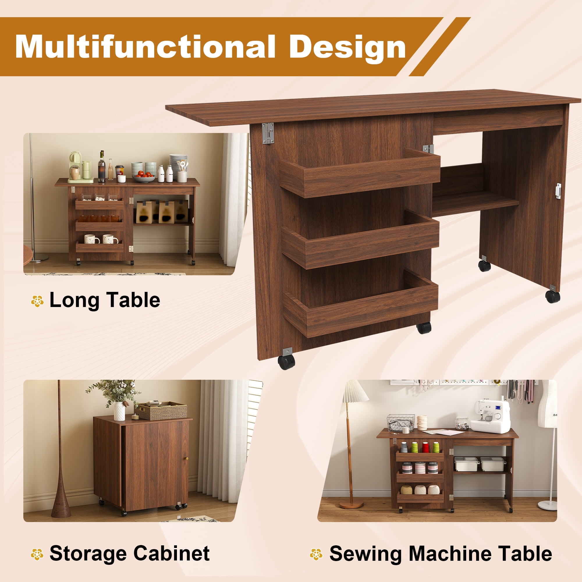 4-in-1 Folding Sewing Table with Storage 5 Wheels for Craft Room Bedroom Living Room