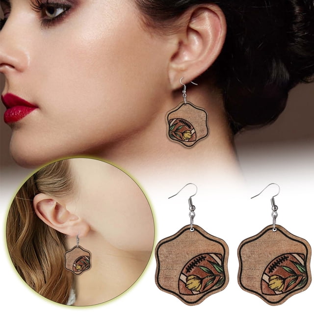 Earrings Flower Football Baseball Basketball Pendant Wood Double Layer Jewelry for Everyday Wear