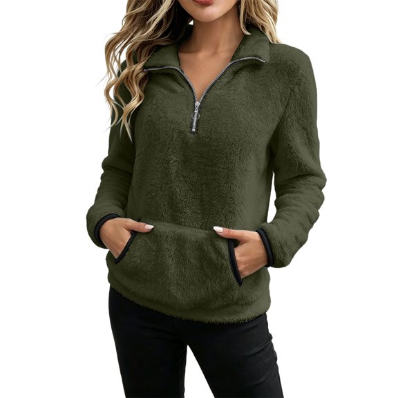 Iyufng Women's Quarter Zip Fleece Pullover Sweatshirts, Stand Collar Long Sleeve Cozy Fluffy Plush Top with Front Pocket for Fall Winter Casual Daily Outfits