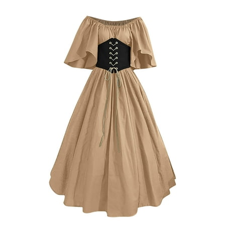 

TZNBGO Women s Round Neck Dress Flare Sleeve Off Shoulder Medieval Vintage Dresses With Corset Patchwork Ball Gown Women s medieval retro contrast stitching Feifei sleeve lace -up palace win