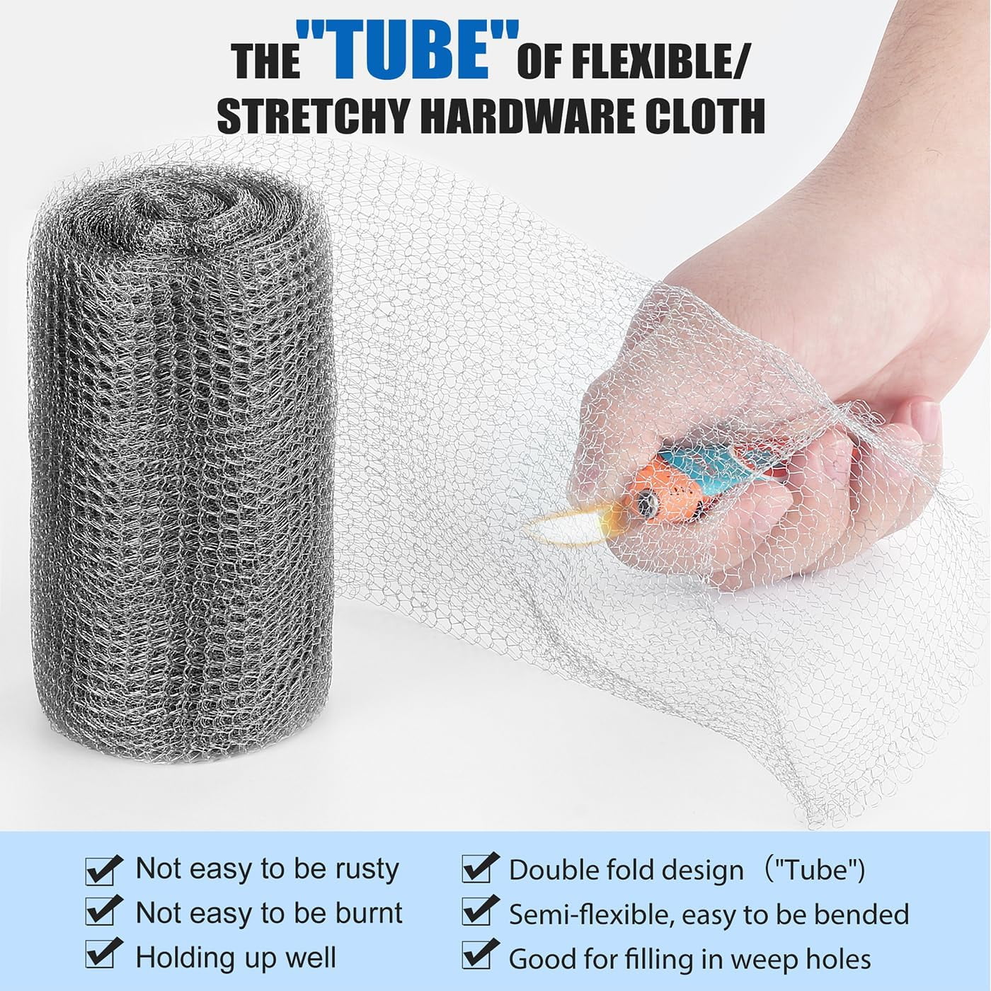 Wire Roll Mesh 5" x 20FT, 304 Stainless Steel Mesh, Hole Fill Fabric Gap Blocker, Double Layer Metal Mesh Roll, Flexible Woven Wire Roll Mesh for Garden House and DIY