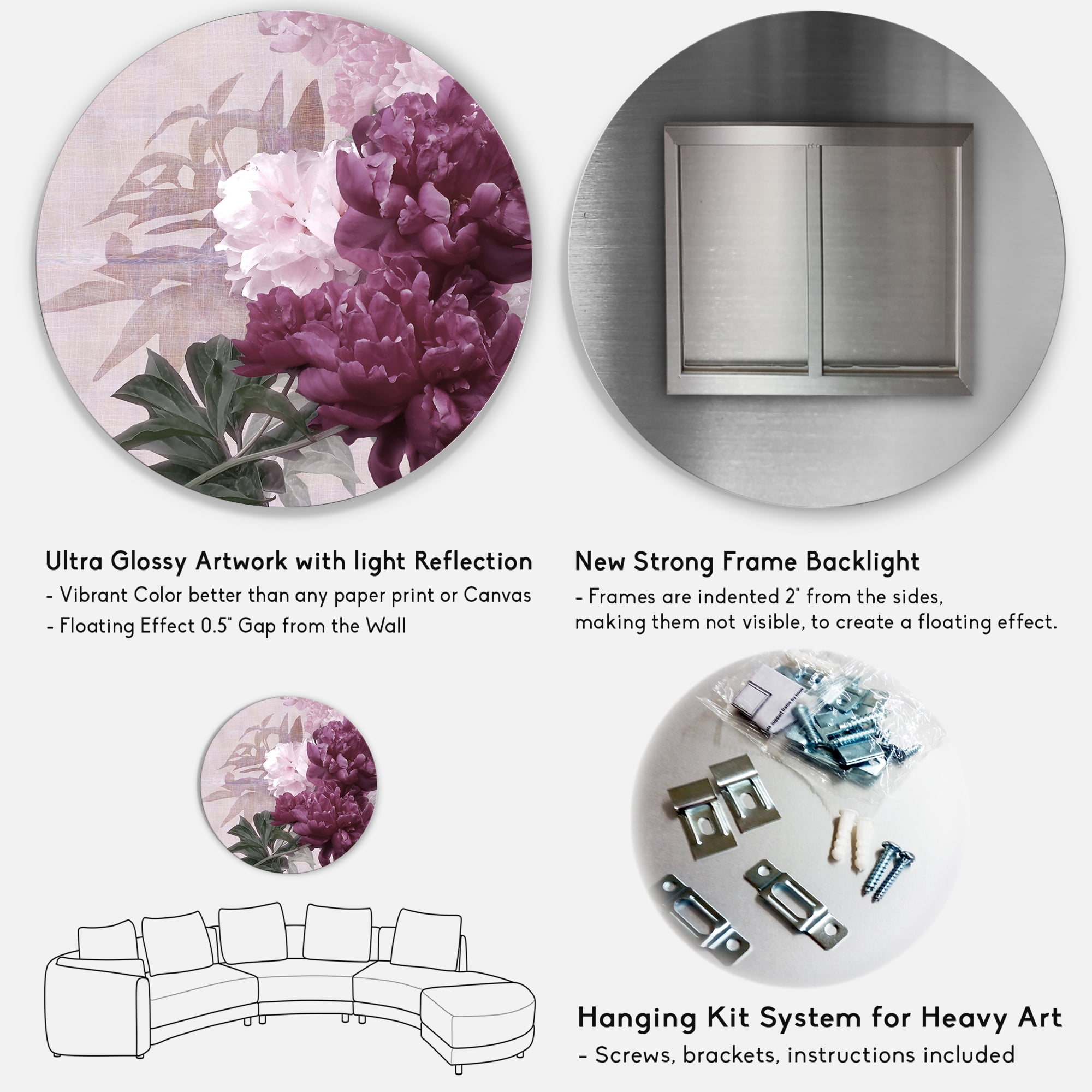 Designart 'Ancient Pink and Purple Flowers I' Traditional Circle Metal Wall Art 11x11 - Disc of 11