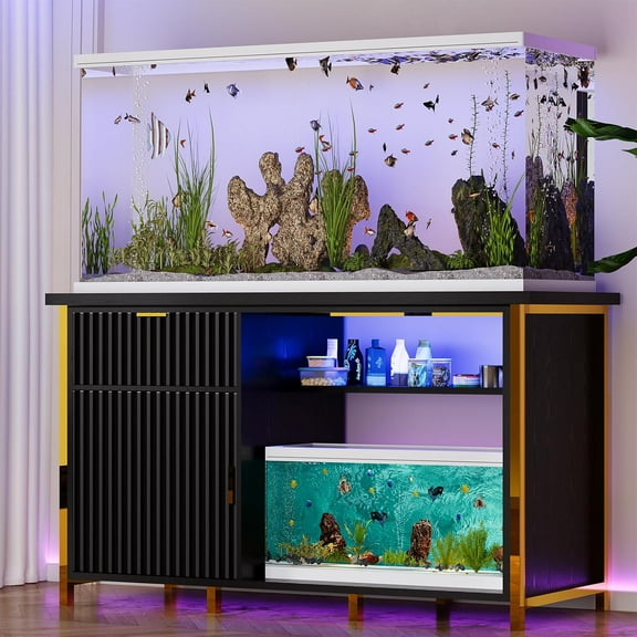 DreamCurship 55-75 Gallon Fish Tank Stand with Power Outlet and Led Light, RGB Lighting Strip Ideal for Turtle Enclosure, Reptile Terrarium, Black and Gold