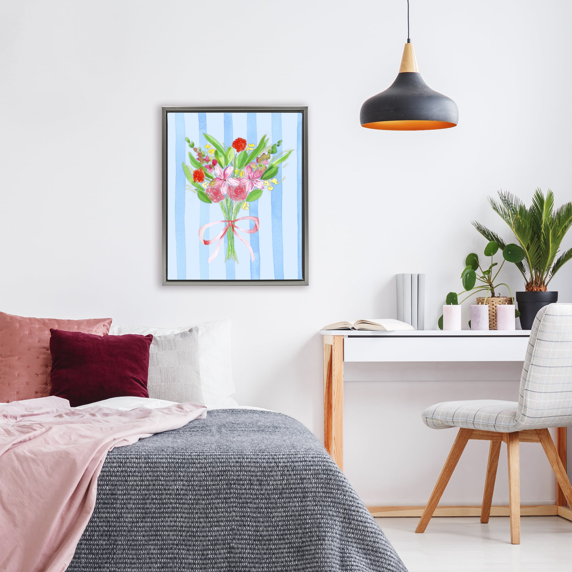 Blue and Pink Bouquet & Bow Gray Framed Floater Canvas Wall Art, design by Nina Jacobs