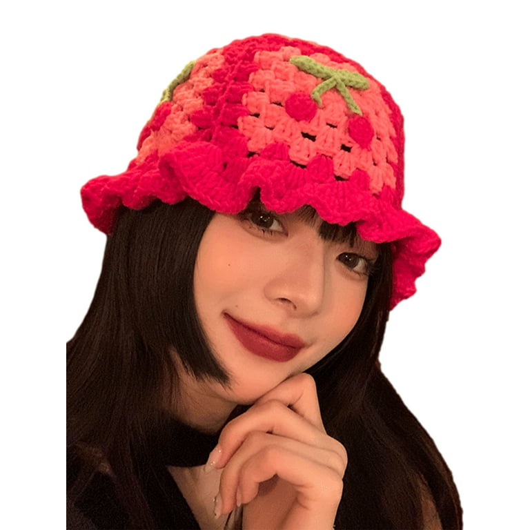 Jkerther Women Crochet Bucket Hat Cute Cherry Pattern Knitted Fisherman Hat Summer Trendy Outdoor Wide Brim Sun Cap, Women's, Size: One size, Red
