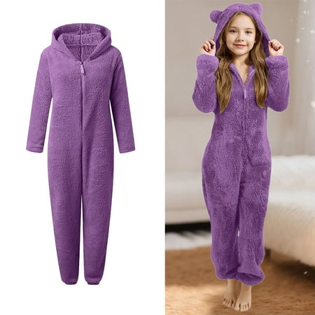 Cozy One Piece Pajamas for Kids Bear Hooded One-Piece Sleepwear Zip Onesie Pajamas One-Piece Sleepwear Winter Outfit 3-4 Years