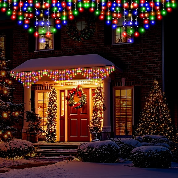 DAYBETTER Outdoor String Lights, 32.8ft RGB Clear Wire LED Icicle Lights, with 384 LED Light Bulbs, Waterproof, 8 Lightsing Modes, for Christmas, Parties, Outdoor Decorations