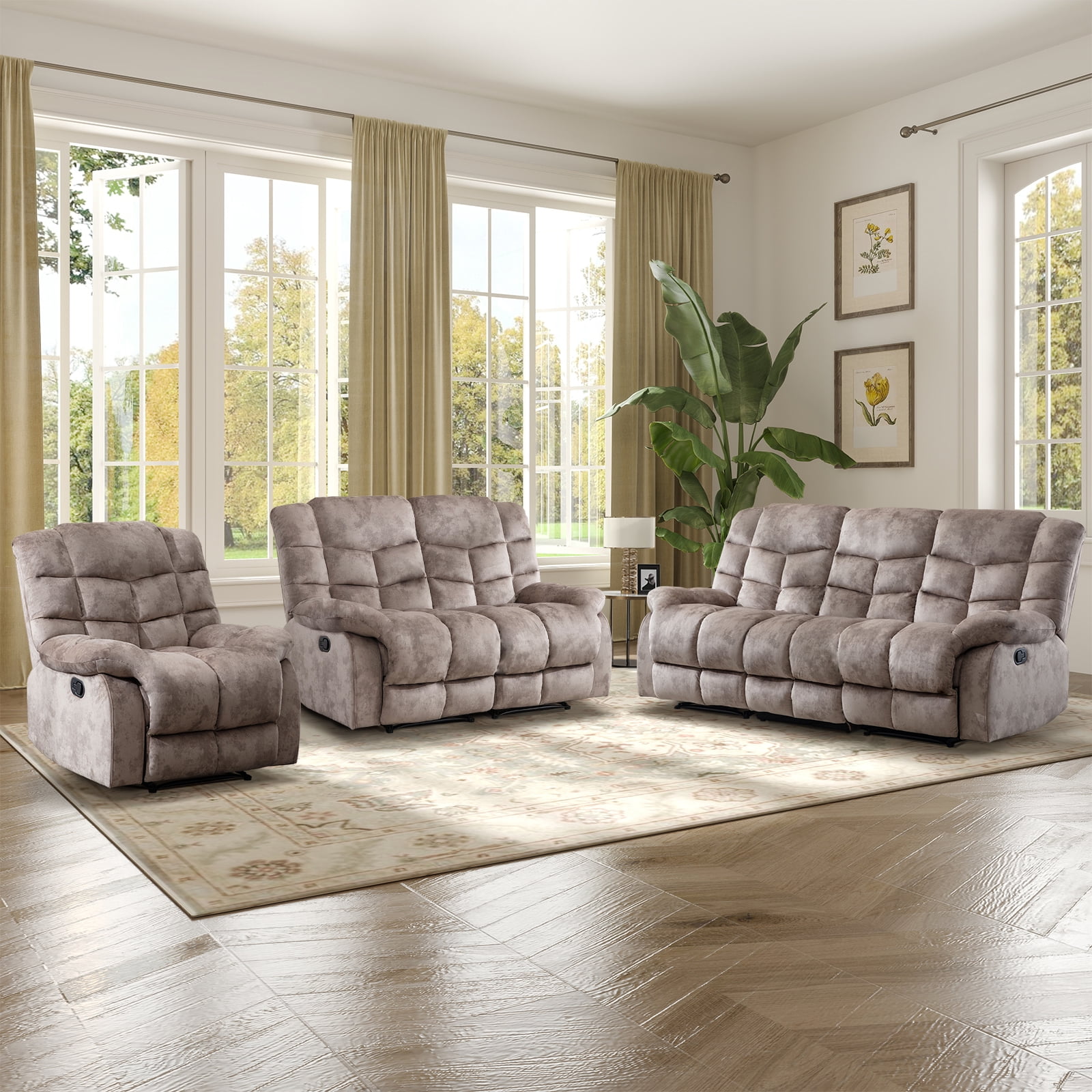 Bonzy Home Manual Reclining Living Room Furniture Set, Adjustable Backrest Chair, Loveseat & 3-Seat Sofa Couch for Home Interior Use