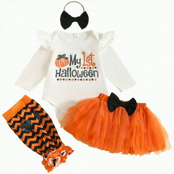 HCNTES My First Halloween Baby Girl Outfit 1st Halloween Punmkin Romper Tutu Skirt Dress Headband Cute Fall Clothes(6-12 Months,G1-Orange)