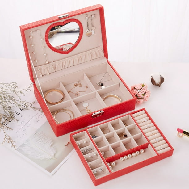 Joyero con cerradura, organizador con espejo, dos niveles para exhibir aretes, pulseras, anillos y relojes; diseño elegante, portátil, plegable, con marco de metal; ideal para dormitorio,