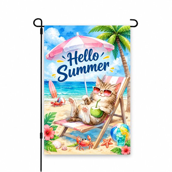 Hello Summer Beach Cat Garden Flag, 12 x 18 Inch - Colorful Outdoor Decor for Porch, Patio, Lawn, or Yard - Fun Tropical Theme with Cute Cat Design