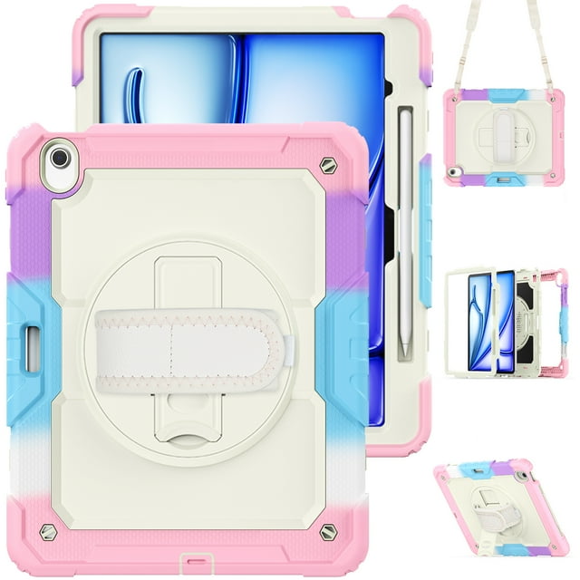 XYX For iPad Air 13 inch Case (2025 M3/2024 M2), 360 Rotating Shockproof Cover with Stand, Screen Protector, Shoulder Strap, Rainbow Pink
