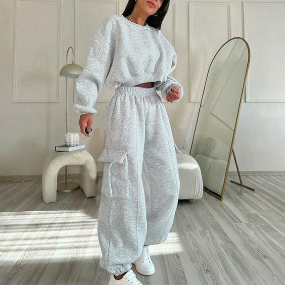Women's Travel Sweatsuits 2 Piece Outfits Long Sleeve Crew Neck Pullover and Baggy Jogger Sweatpants with Pockets New Outfits for Women 2 Piece Sets Going out Gray XXL