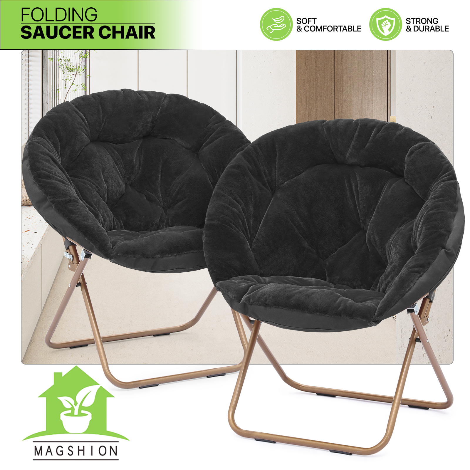 Magshion Set of 2 Saucer Chair Soft Faux Fur Folding Accent Chair, Lounge Lazy Chair Moon Chair Seat with Metal Frame for Bedroom Living Room, Black - image 2 of 10