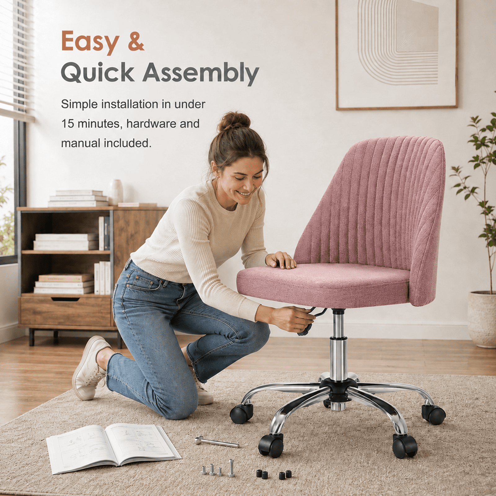 Alvantor Comfy Office Chair, Adjustable Swivel Desk Chair with Wheels, Wide Seating, Modern Fabric Vanity Chair