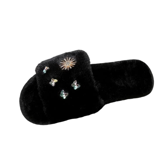 Black Ladies Winter Slippers With Rhinestone Decoration Suitable For Outdoor And Indoor