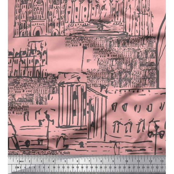 Soimoi Pink Cotton Poplin Fabric London Theme Architectural Printed Craft Fabric by the Yard 42 Inch Wide