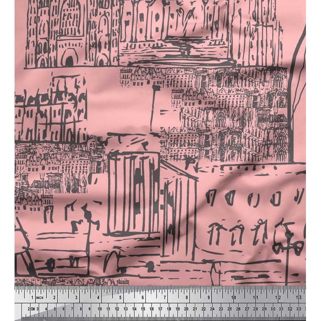 Soimoi Pink Heavy Satin Fabric London Theme Architectural Decor Fabric Printed Yard 54 Inch Wide