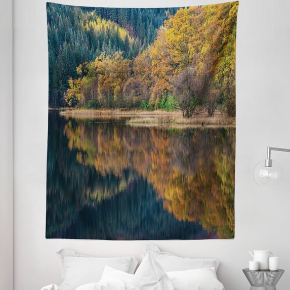 Scotland Tapestry, Colorful Autumn Outdoorsy Scenery Loch Chon Highlands Pond Reflection, Fabric Wall Hanging Decor for Bedroom Living Room Dorm, 5 Sizes, Dark Petrol Blue Amber, by Ambesonne