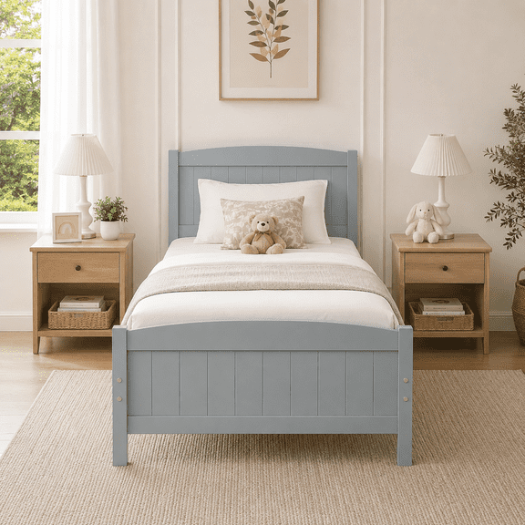 Twin Bed Frame, Wooden Platform Bed Frame for Large 330lbs, Gray Twin Bed Frame with Headboard & Footboard, Pine Wood and MDF, No Box Spring Needed