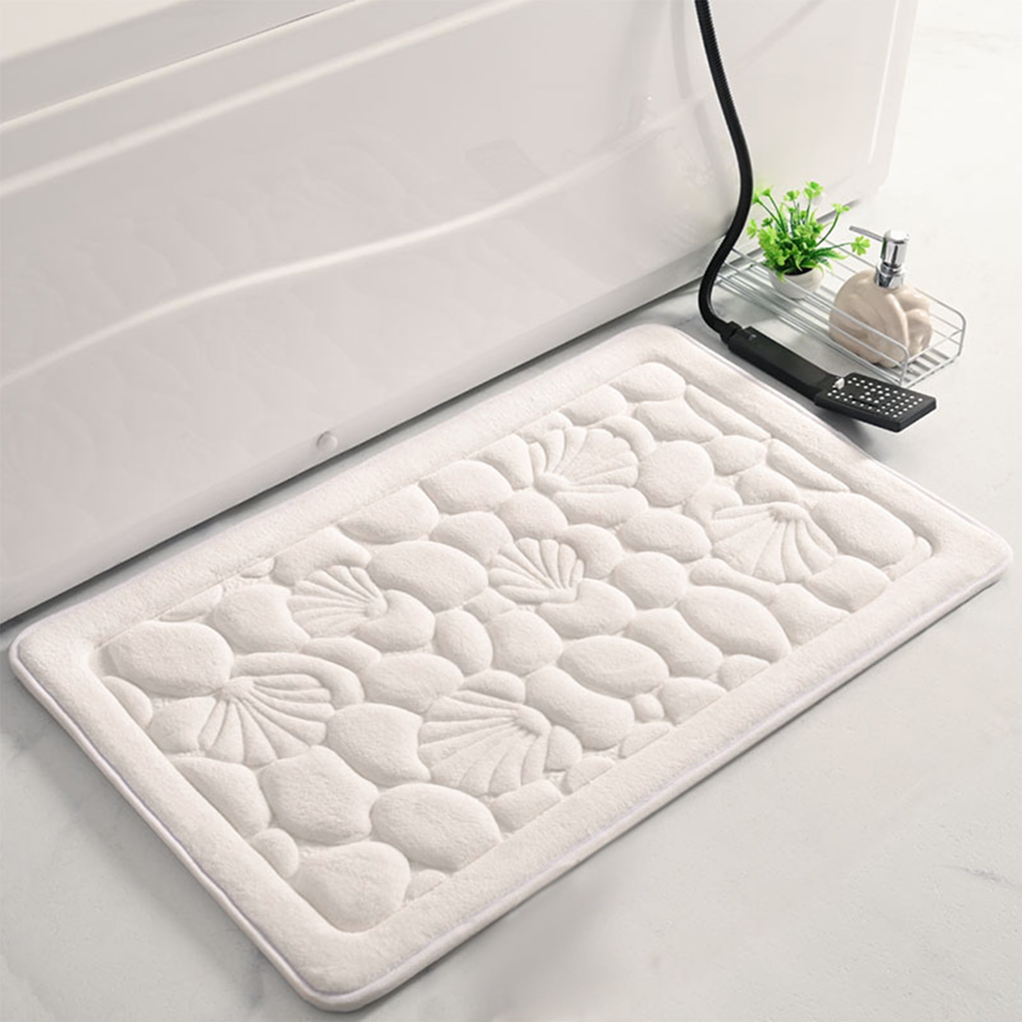 Unique Bargains Shell Pattern Bath Mat Memory Foam Non-Slip Bath Rugs White 16" x 24"
