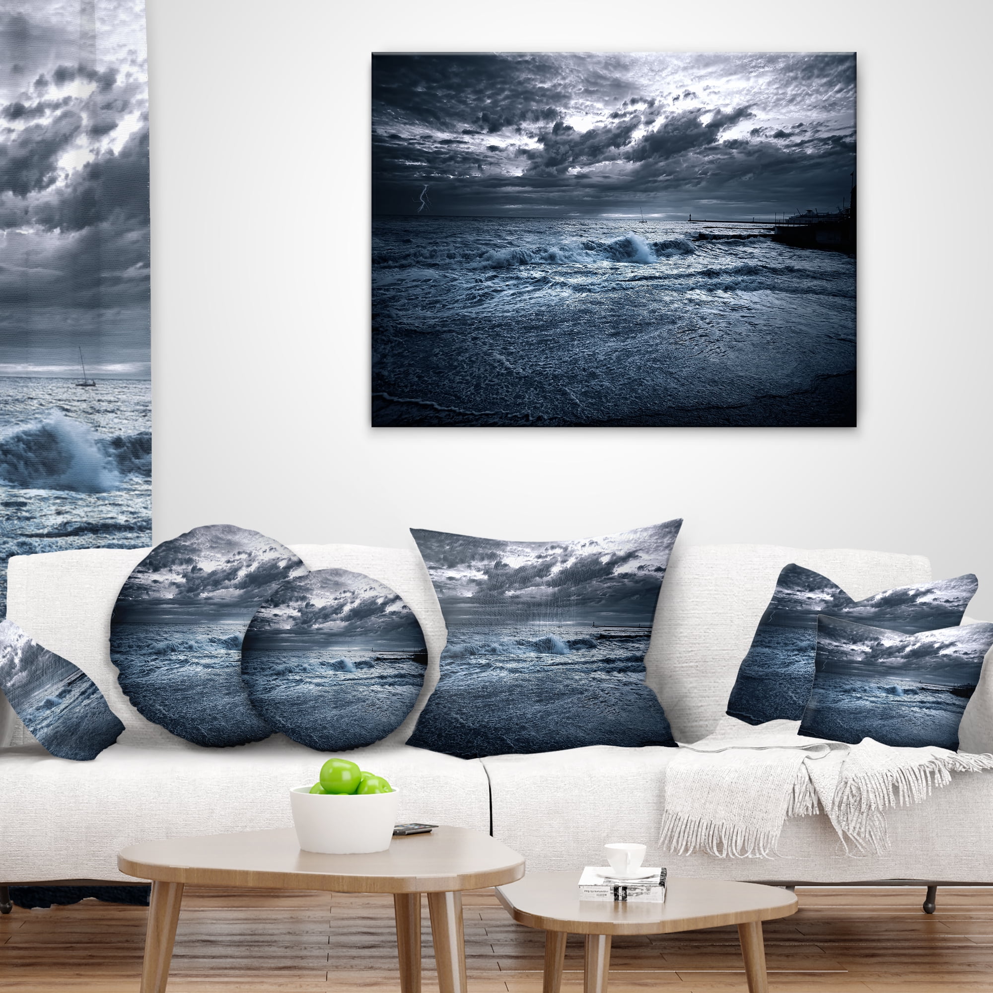 Designart Sochi Sea Storm in Blue - Modern Landscape Printed Throw Pillow - 12x20