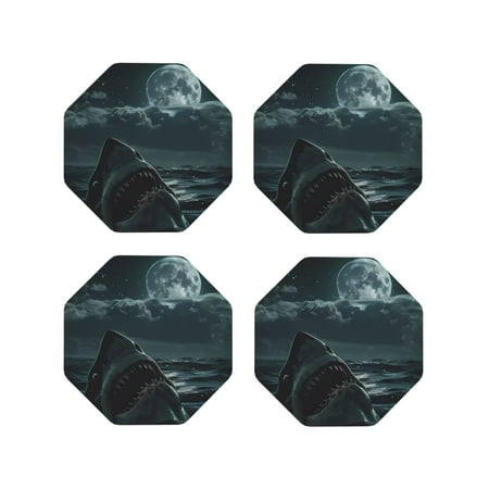 

Tebeau Moonlit Night Sky Shark Print Set of 4 Leather Drink Coasters Round Cup Mat Pad for Home and Kitchen Use 4 -Octagon