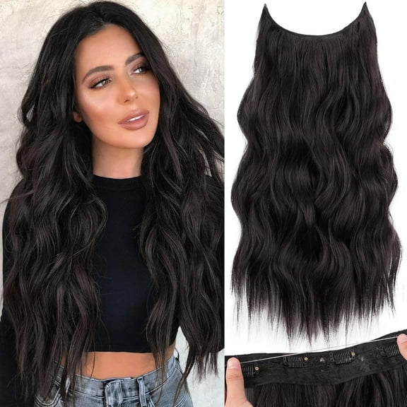 Invisible Wire Hair Extensions with Transparent Wire Adjustable Size 4 Secure Clips Long Wavy Secret Synthetic Hairpiece 20 Inch Dark Brown for Women
