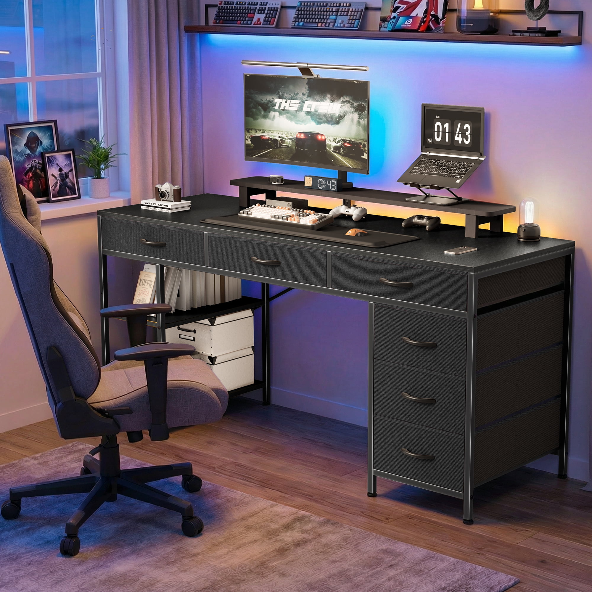 Amadwell 47" Desk with Drawers & Storage, Office Desk with Reversible Shelves, Gaming Computer Desk, Black