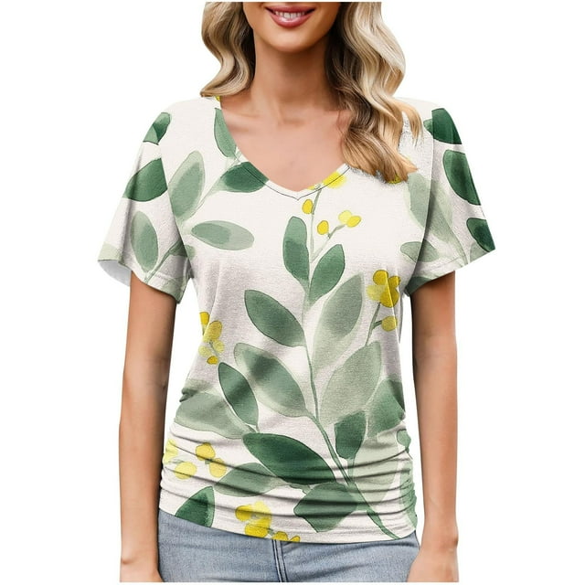 Liquidation d'Économies! Hauts Grande Taille pour Femmes BEFOKA en Liquidation, Blouse Décontractée d'Été pour Femmes, Blouse Décontractée à Manches Courtes Imprimée Col en V à Fleurs, T-shirt Froncé Décontracté Féminin