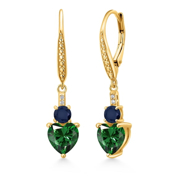 Gem Stone King 18K Yellow Gold Plated Silver Green Nano Emerald Blue Sapphire and White Lab Grown Diamond Drop Dangle Earrings for Women (2.73 Cttw, Heart Shape 7MM, Round 4MM)