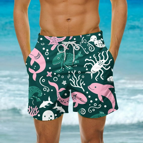 DDAPJ pyju Big and Tall Swim Trunks for Men Elastic Waist Drawstring Board Shorts Funny Summer Bathing Suits Sea Creature Printed Surf Beach Shorts with Pockets Green XXL