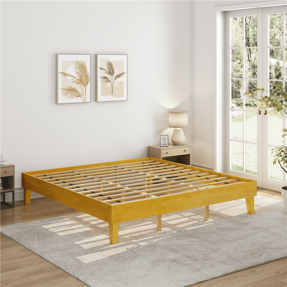 Yaheetech Solid Wood Platform Bed Frame with Wooden Slat Support, Natural Wood, King