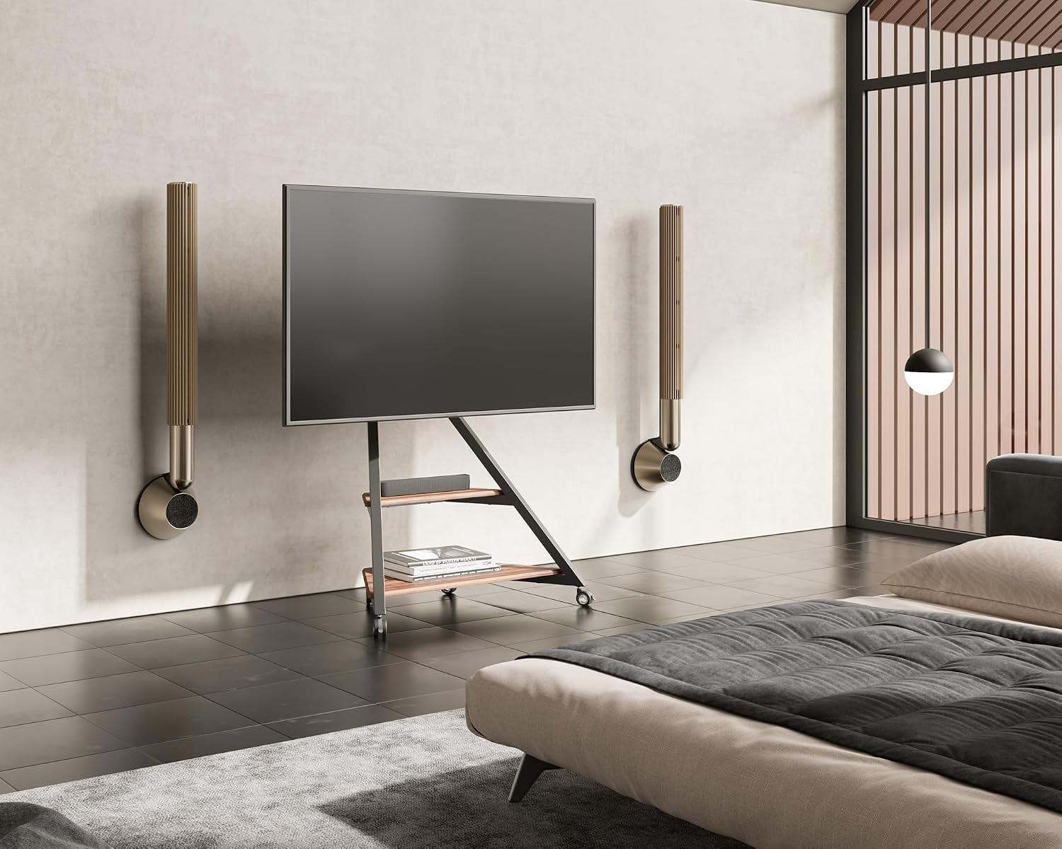 FITUEYES Eiffel Series Corner TV Stand for 55–88 Inch TVs, Black & Walnut, Storage Shelf