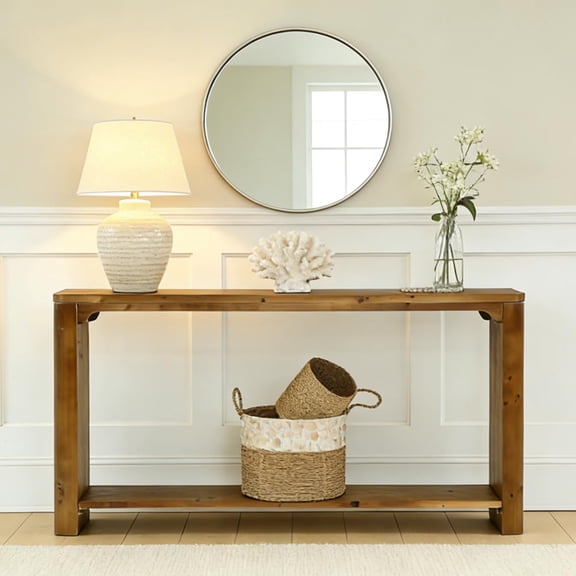 TRIBEWOOD 63" Farmhouse Solid Wood Console Table with 2-Tier Storage
